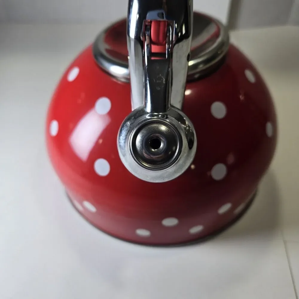 Retro Red Polka Dot Whistling Teakettle - Pristine Interior - Please Read